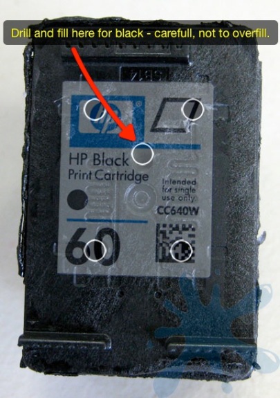 HP 60 ink cartridge refill holes, drill baby drill right here in the middle of the HP 60 black ink cartridge.