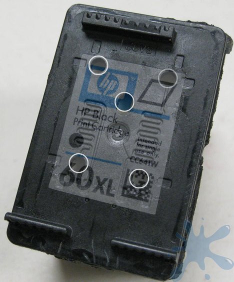 HP 60XL, 60 XL ink cartridge opened to expose the internal structure - removal of cartridge cap - remove top of ink cartridge.