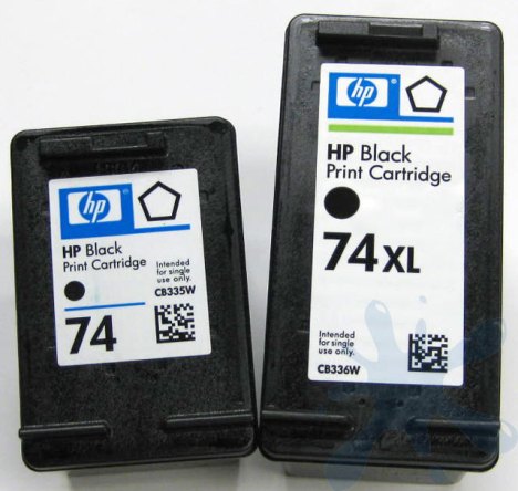 HP 74XL and HP 74 black ink cartridges compared.  HP 74XL is the way to go over the smaller HP 74 ink cartridge.