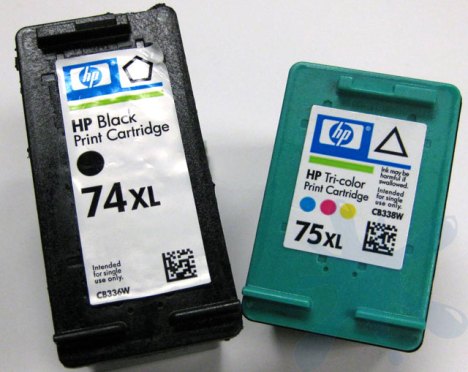 Large capacity ink cartridges from HP - the HP 74XL black ink cartridge compared with the HP 75xl tri-color (color) ink cartridge.